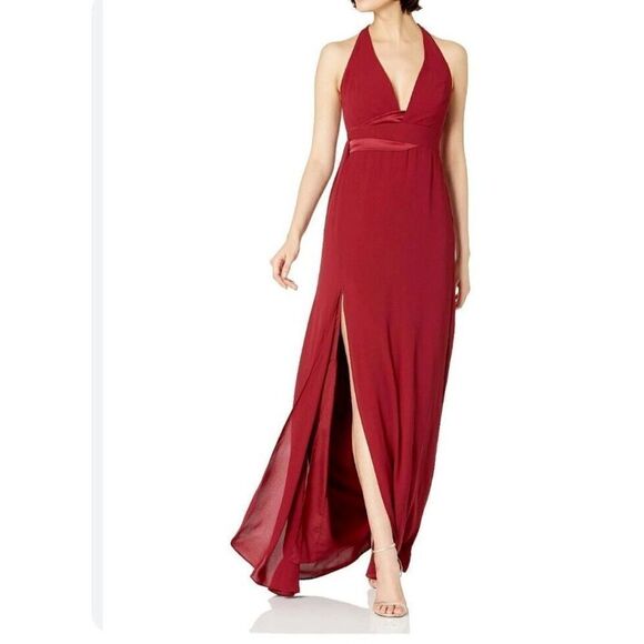 Halston Heritage Dress 14 Burgundy V Neck Twill Gown‎ Evening Prom Formal - Picture 1 of 11